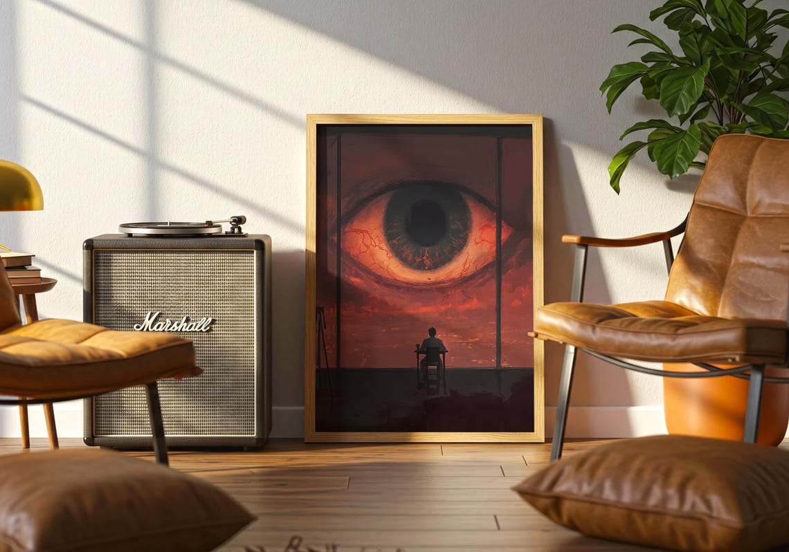 Giant Cosmic Eye Watching Tiny Figure Dark Red Surreal Gaze Poster - Image 4