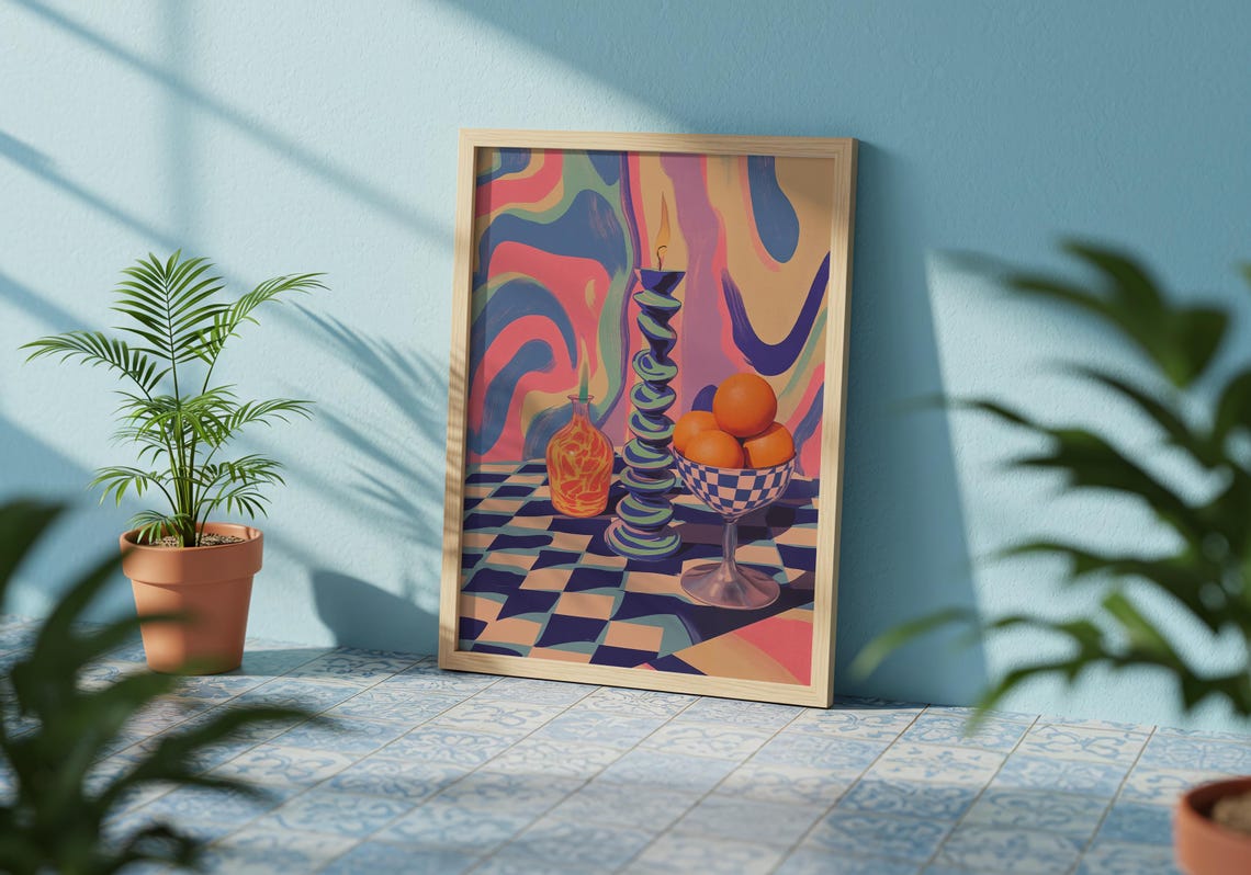 Colorful Still Life Candle Oranges Checkerboard Retro Poster - Image 2