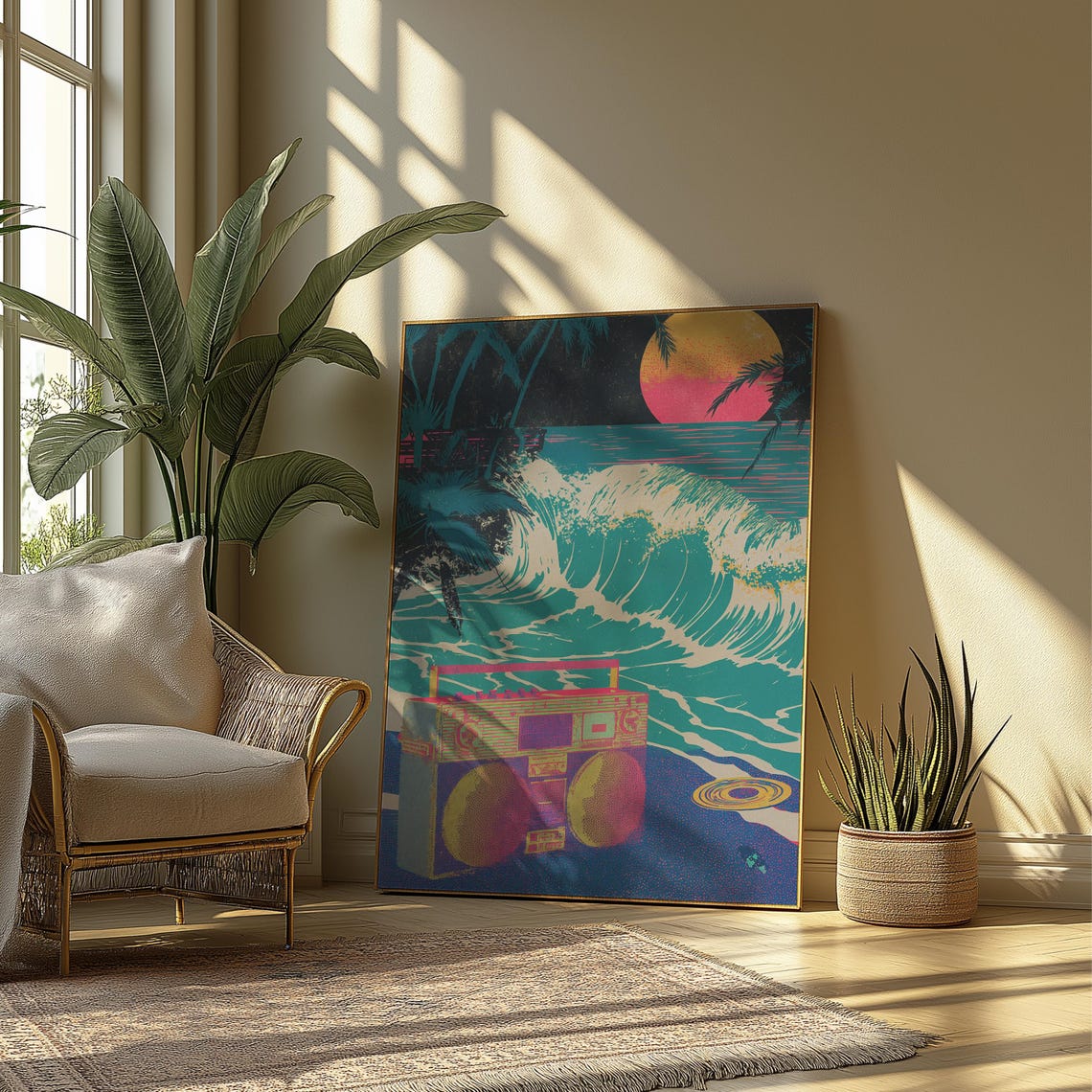 Retro Boombox Tropical Beach Sunset Neon Wave Pop Art Poster - Image 3