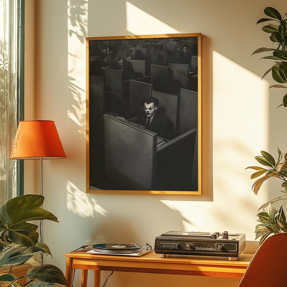 Lonely Clown in a Dark Grey Office Cubicle Maze Black White Poster - Image 3