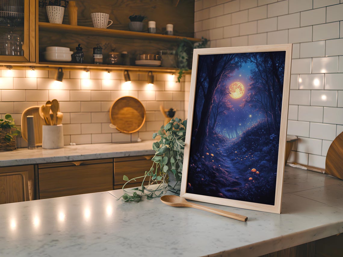 Enchanted Forest Giant Orange Moon Glowing Mushroom Path Poster - Image 2