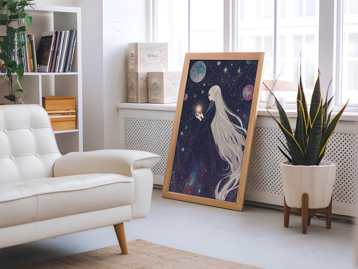 Anime Moon Keeper Woman White Hair Glowing Orb Starry Sky Poster - Image 5