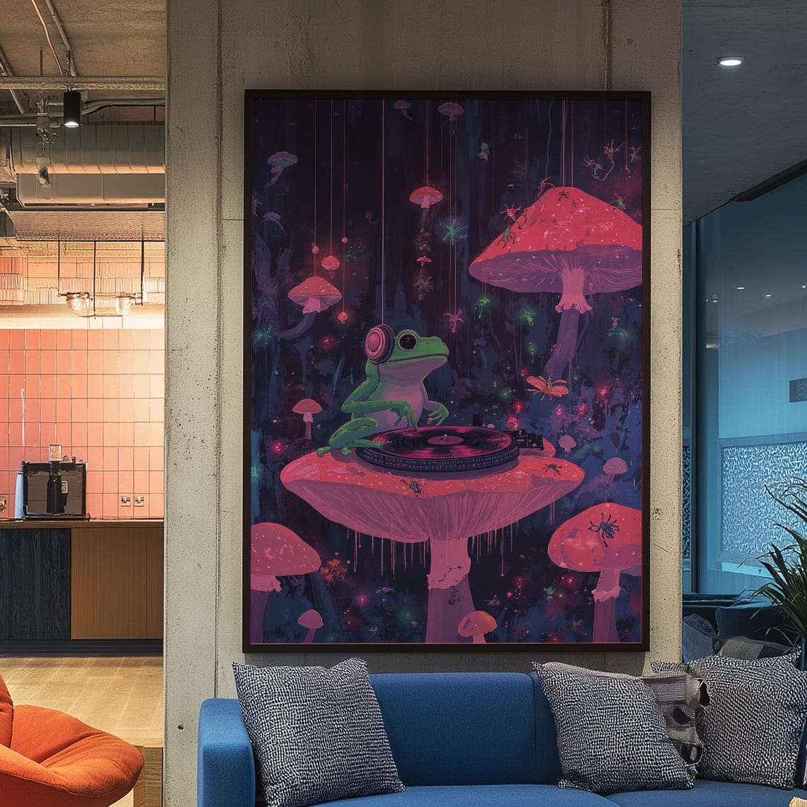 Cheerful DJ Frog Headphones Vinyl Mushroom Forest Neon Poster - Image 4
