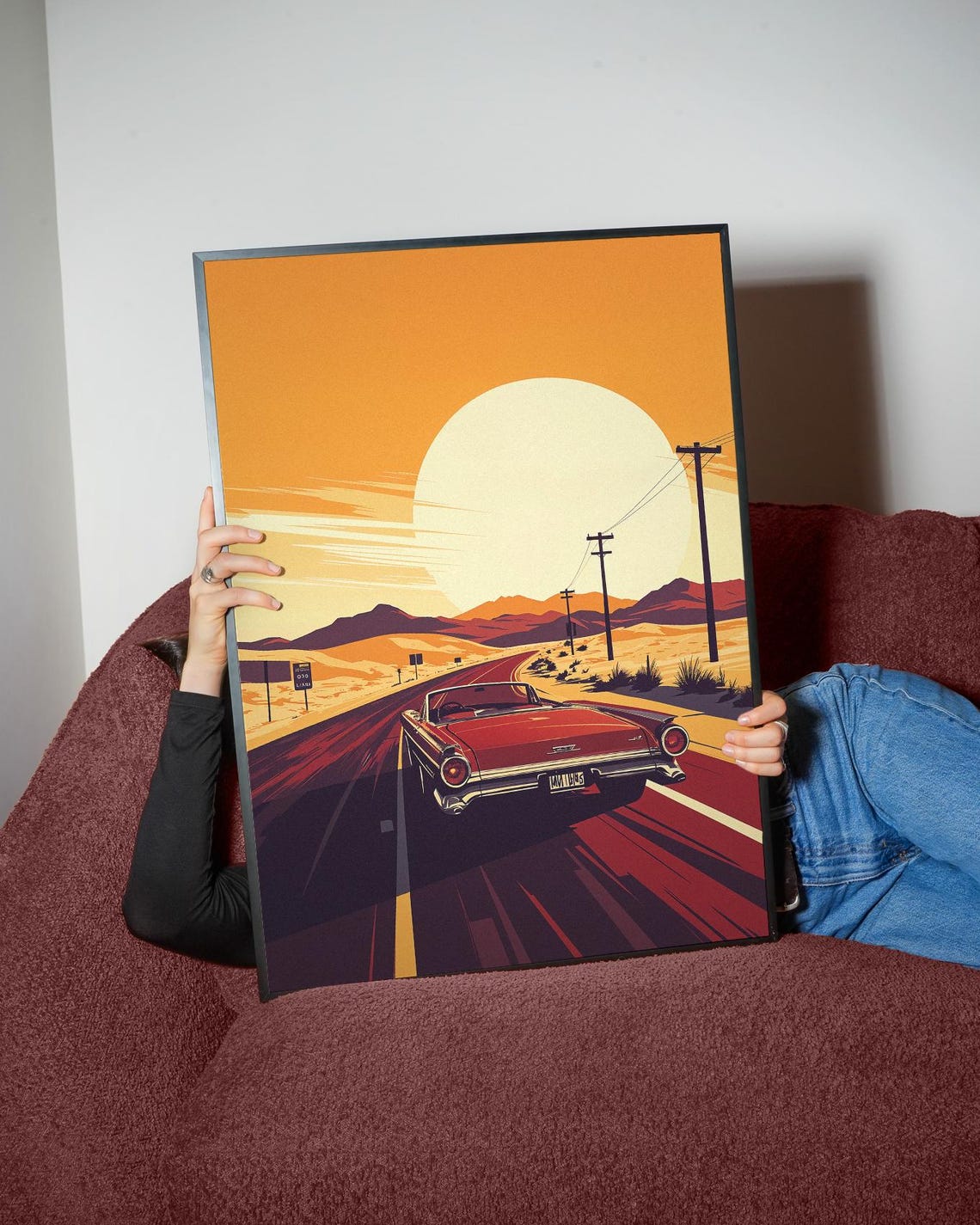 Classic Convertible Desert Highway Sunset Retro Drive Art Poster