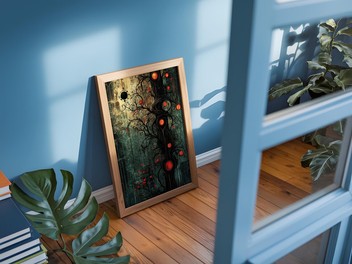 Enchanted Dark Tree Glowing Red Orbs Mystical Forest Fantasy Art Poster - Image 3