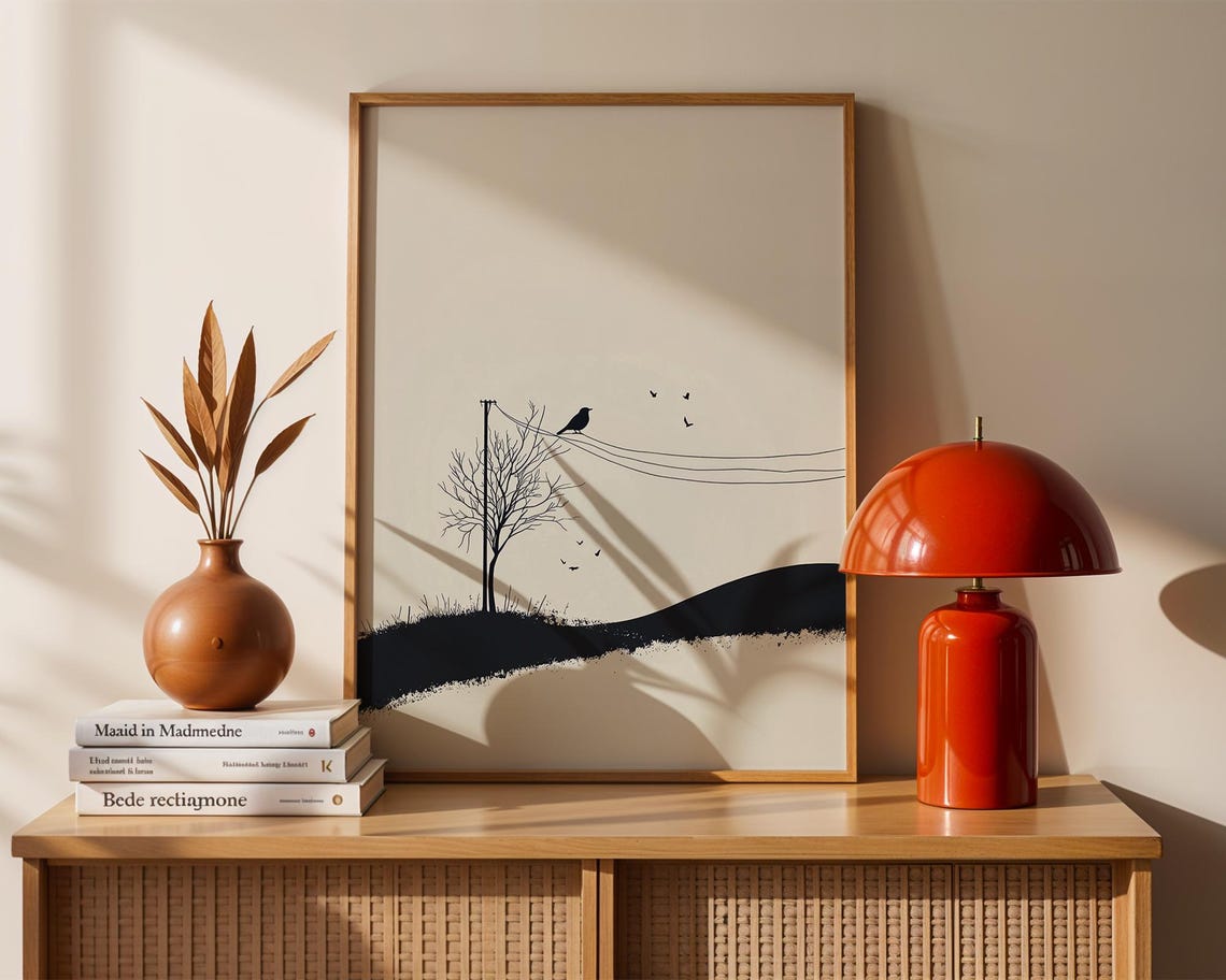 Bird on Wire Minimalist Ink Tree Landscape Black Wall Poster