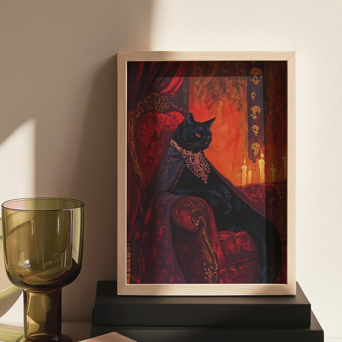 Regal Black Cat on Red Velvet Throne Dark Baroque Royal Pet Portrait Wall Art - Image 5