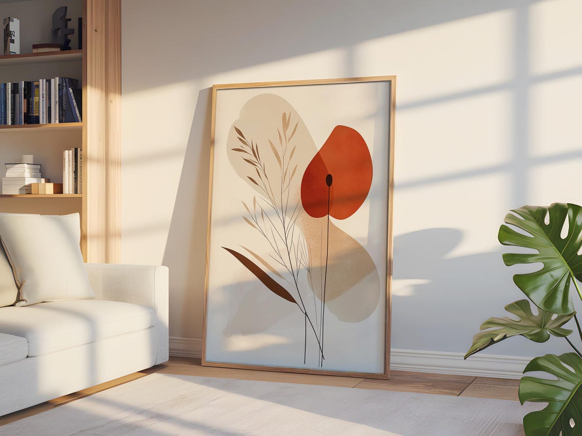 Modern Botanical Red Poppy Bloom Earthy Minimalist Art Print - Image 5