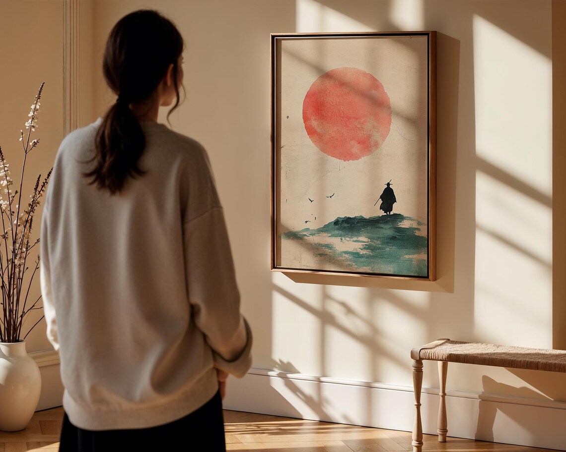 Red Sun Lonely Traveler Art Print Minimalist Japanese Silhouette - Image 2
