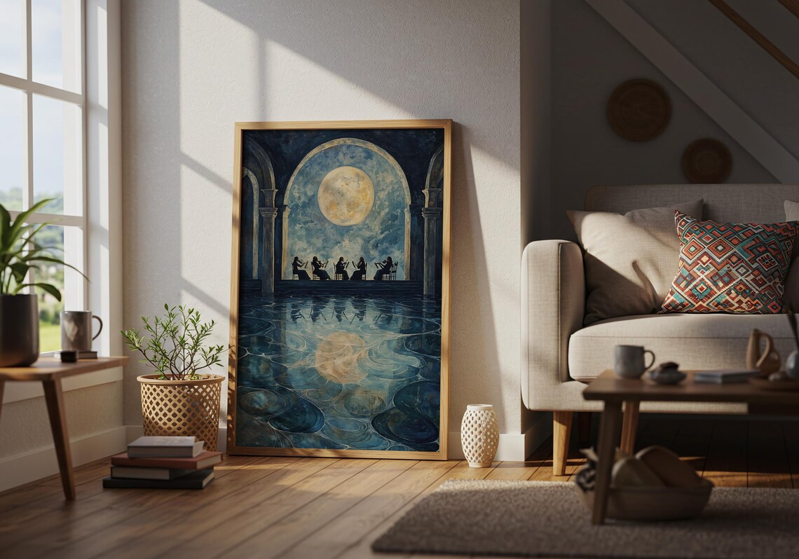 Moonlit Orchestra Concert Night Art Print Full Moon Water Painting - Image 5