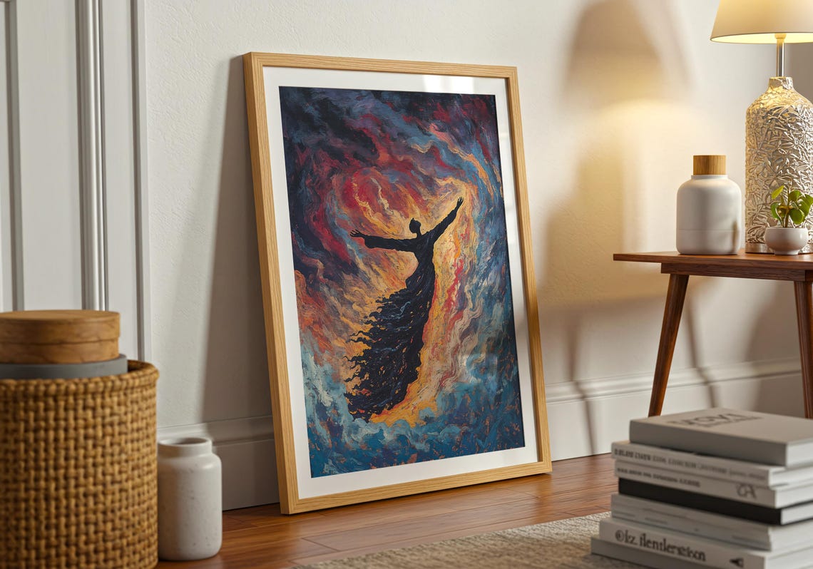 Fiery Silhouette Figure Swirling Red Blue Dramatic Wall Poster - Image 4