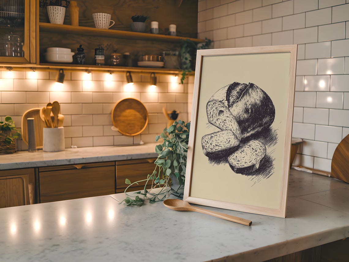 Vintage Bread Loaf Pencil Sketch Rustic Farmhouse Kitchen Art Poster - Image 2
