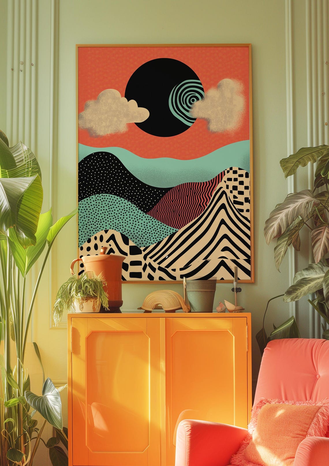 Black Sun Eclipse Coral Sky Patterned Waves Graphic Art Poster - Image 3