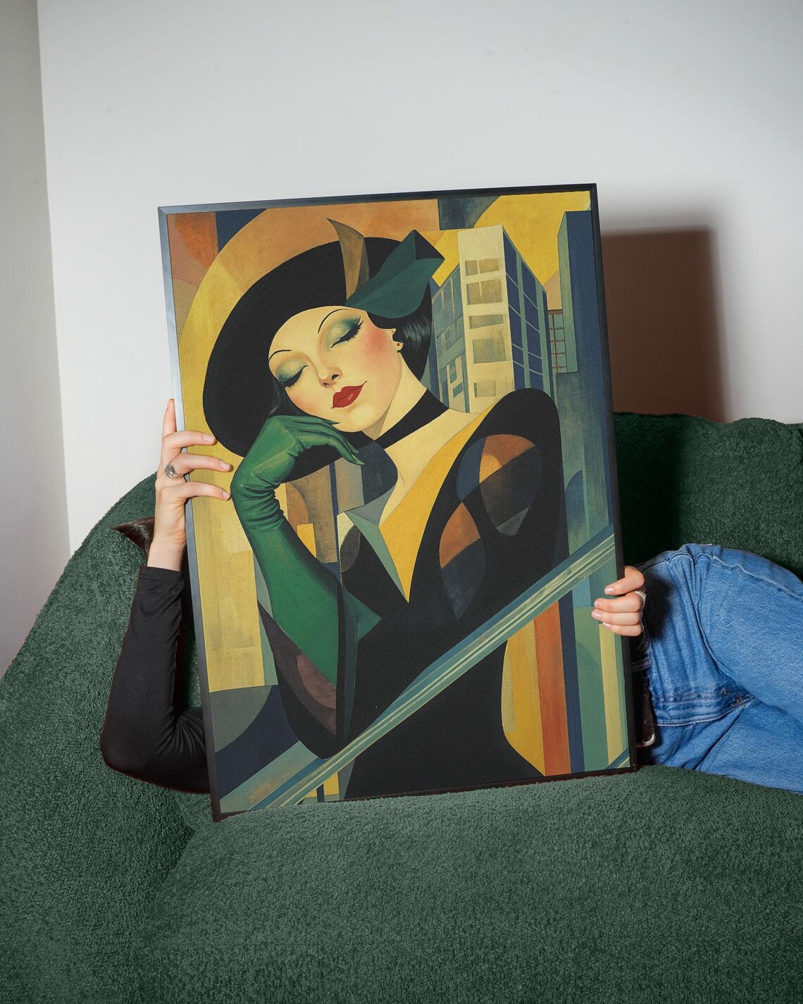 Art Deco Glamour Woman Green Gloves Cloche Hat Geometric City Portrait Wall Art