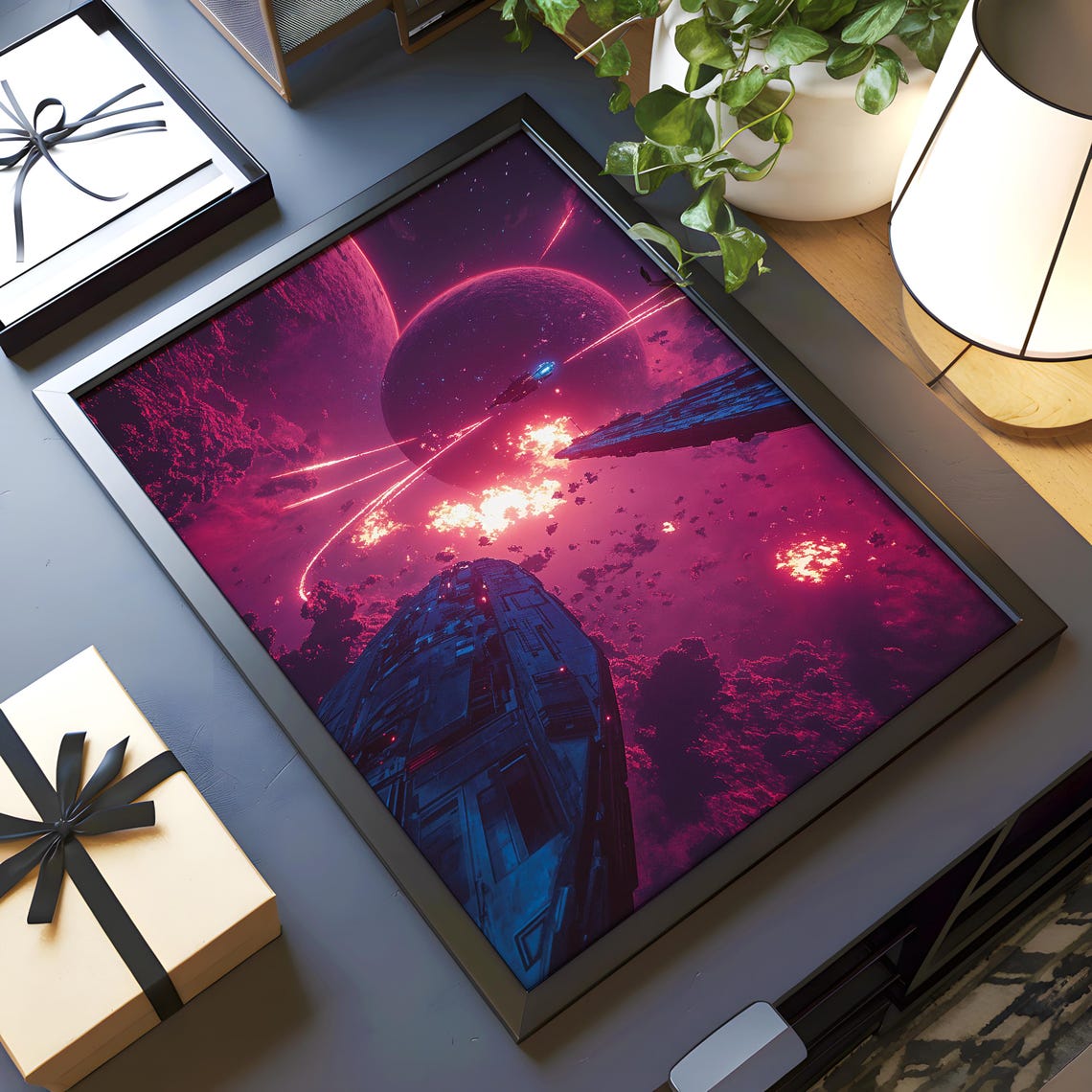 Crimson Nebula Space Battle Spaceship Planet Clash Sci Fi Poster - Image 3