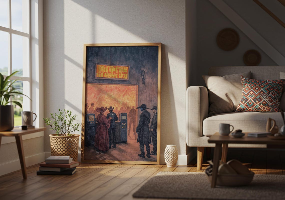 Western Ticket Line Cinematic Art Print Dark Moody Cowboy Illustration - Image 5