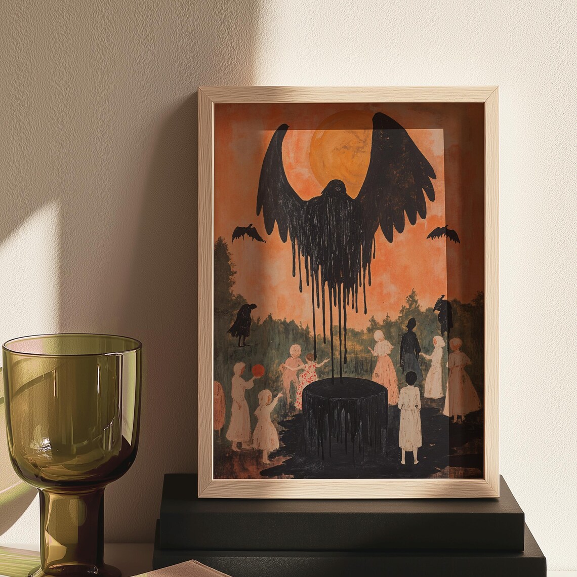 Gothic Folk Midnight Ritual Children Black Winged Spirit Orange Moon Wall Art - Image 5