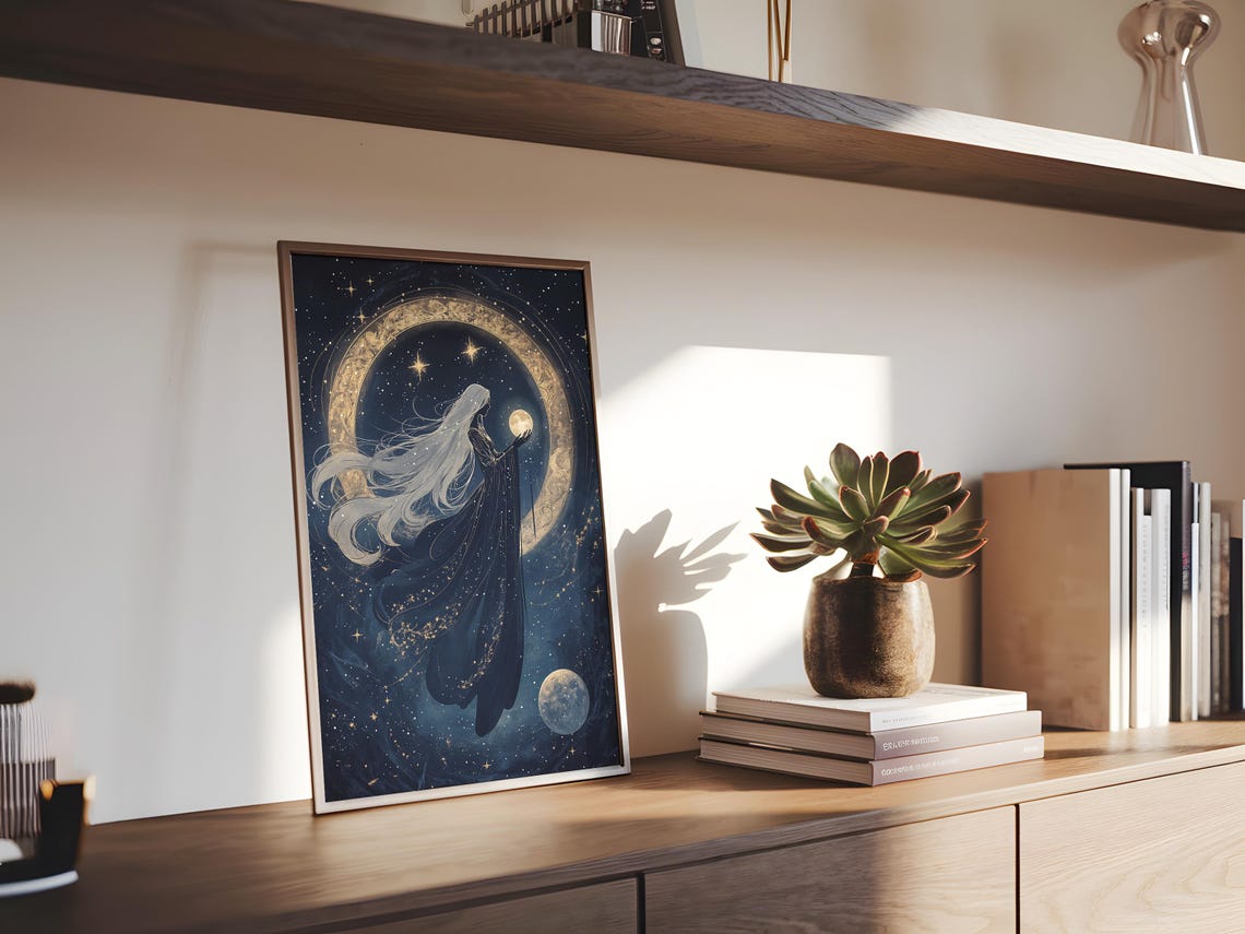 Golden Moon Ring Goddess White Hair Starry Night Celestial Poster - Image 2