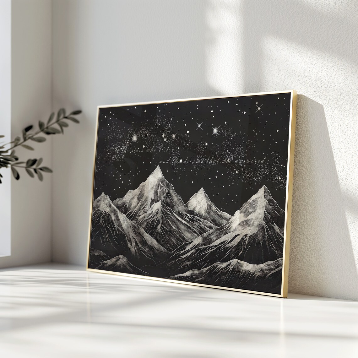 To The Stars Who Listen Monochrome Starry Peaks Quote Poster - Image 3