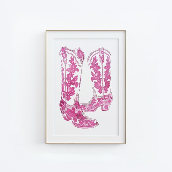 Pink Cowboy Boots Print Pink Cowboy Boots Wall Art Minimalist Southern Wall Poster Vintage Western Cowgirl Art Cute Apartment Decor