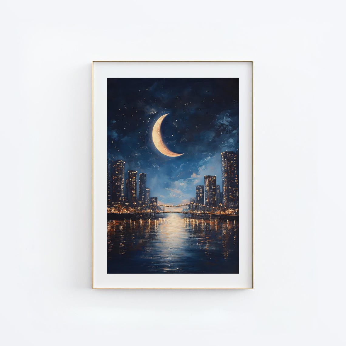 Crescent Moon Night City Skyline Watercolor Night Decor Poster