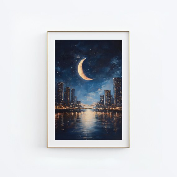 Crescent Moon Night City Skyline Watercolor Night Decor Poster