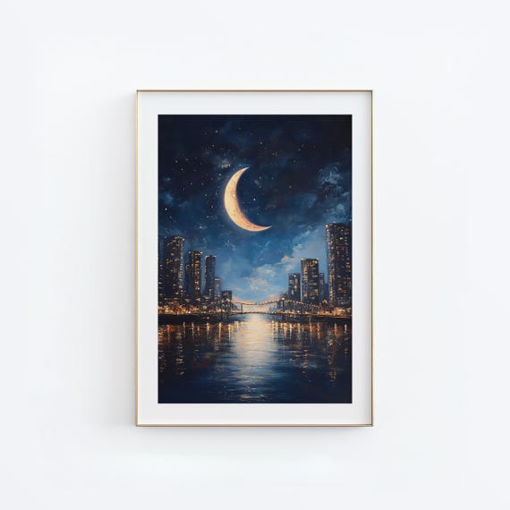 Cresent Moon Art Print Impressionist Art Night Sky Poster Nighttime Landscape Painting City Artwork Wall Art