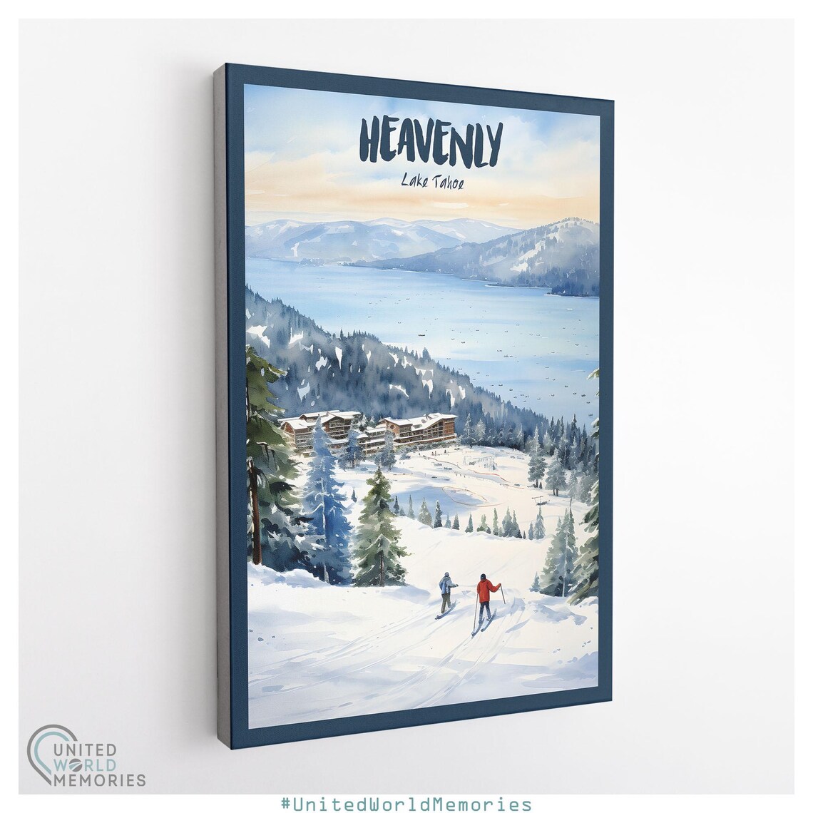 Heavenly Lake Tahoe Ski Village Watercolor Winter Scene Travel Poster - Image 3