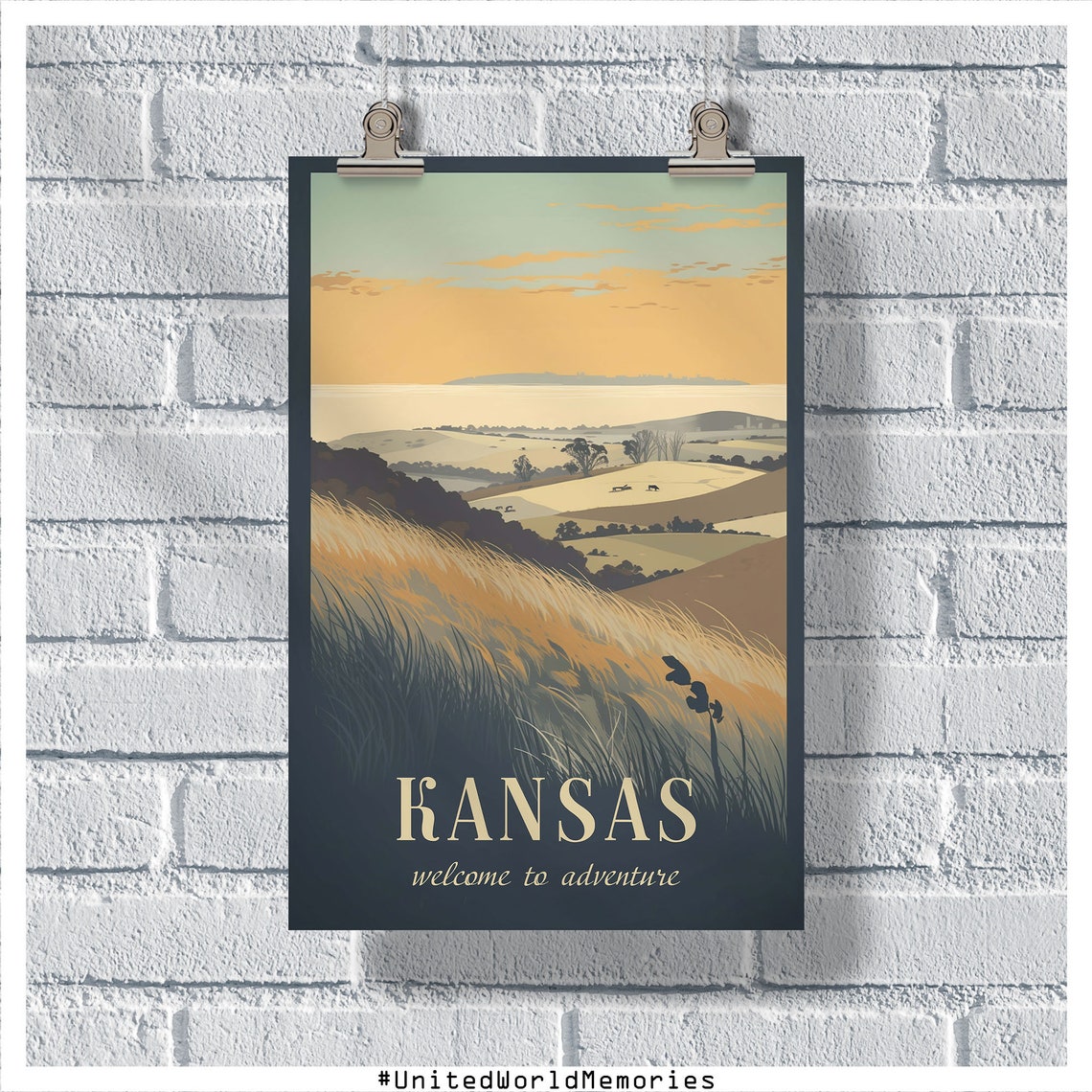 Kansas Golden Rolling Hills Cattle Adventure Vintage Travel Poster