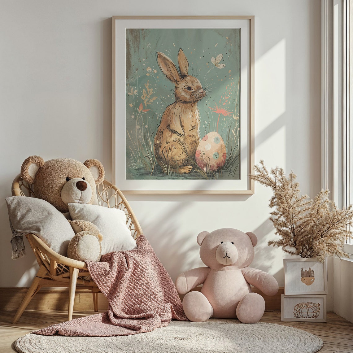 Brown Bunny With Decorated Easter Egg Vintage Style Spring Art Print - Image 3