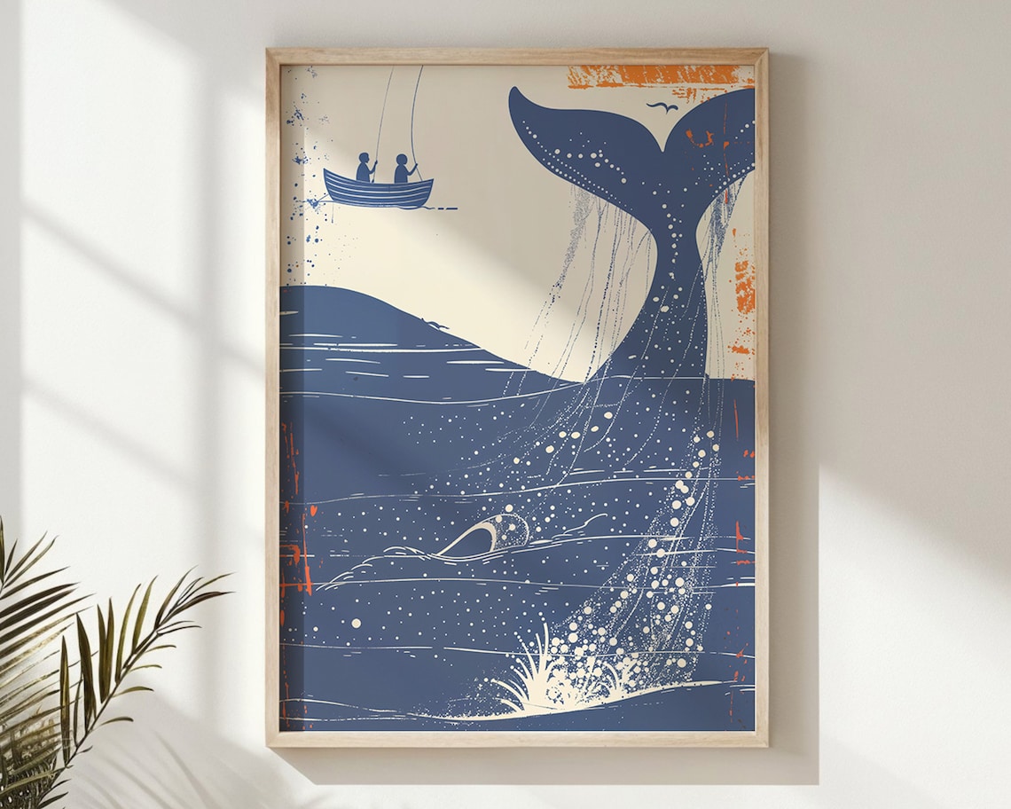 Whale Tail Diving Fishing Boat Deep Blue Orange Nautical Art Poster