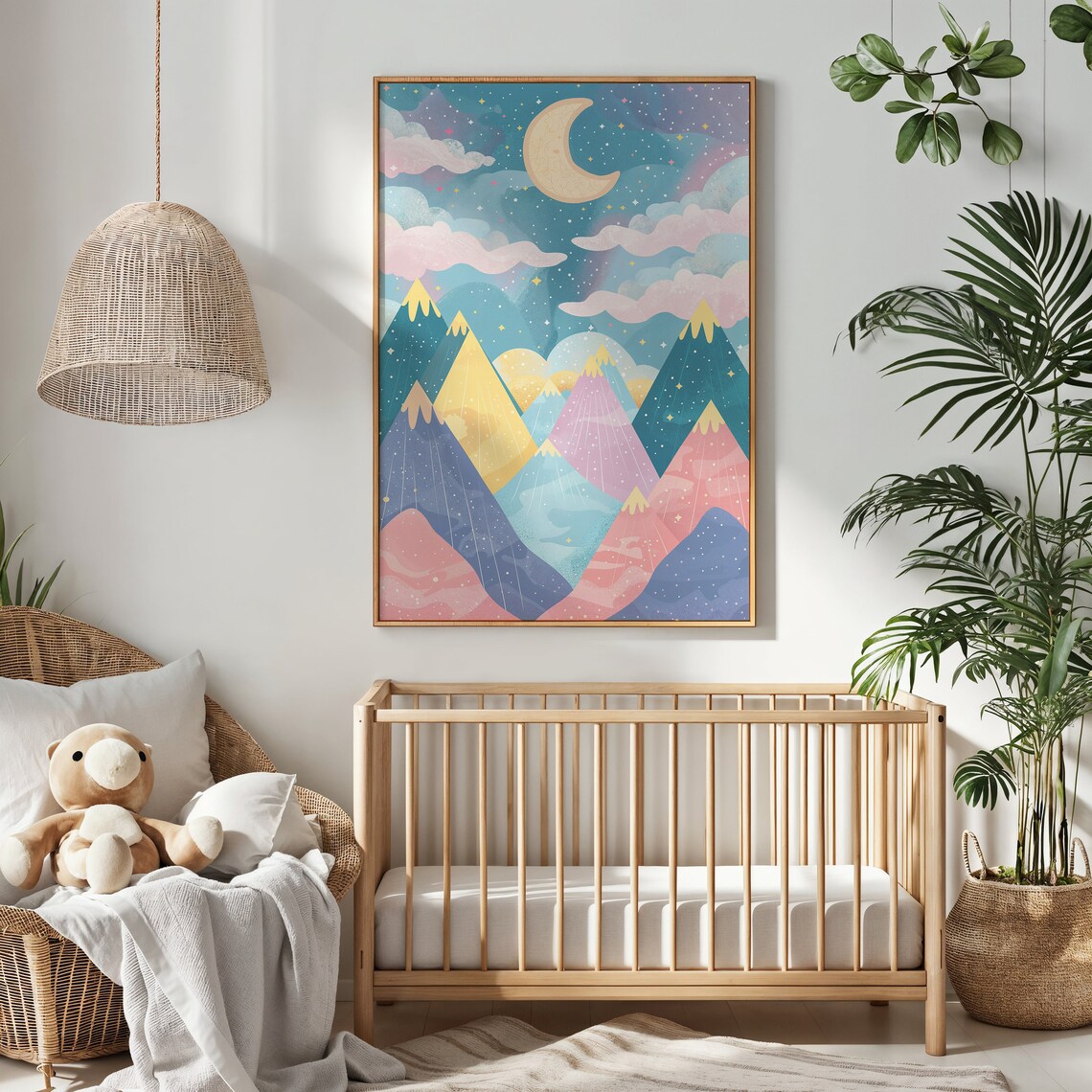 Whimsical Mountain Night Sky Moon and Stars Art Print - Image 3