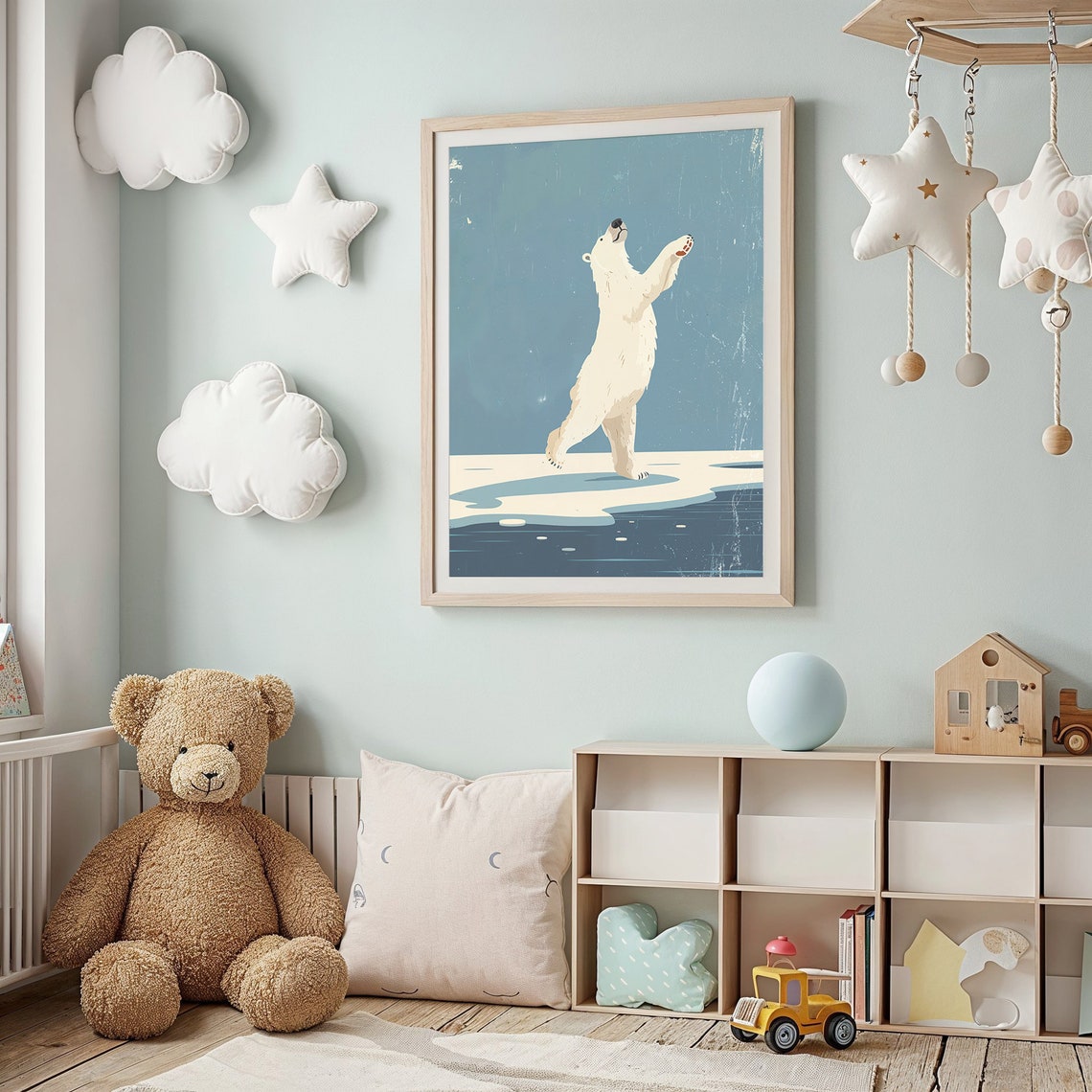 Joyful Polar Bear Reaching Up Ice Floe Blue Sky Arctic Art Poster - Image 2