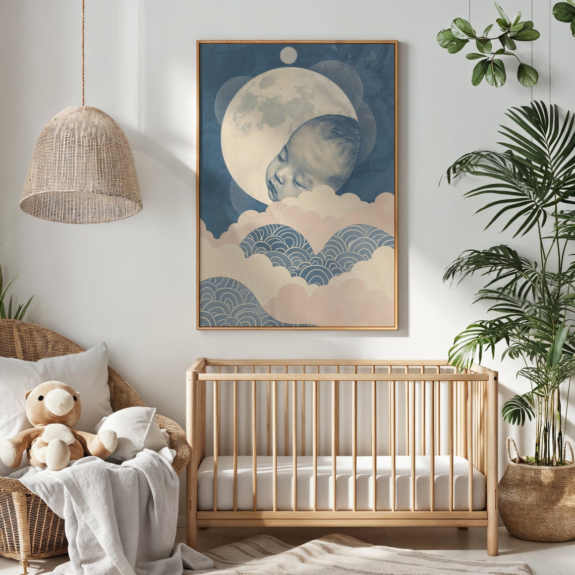 Sleeping Baby On Full Moon Over Clouds And Waves Celestial Art Poster - Image 3