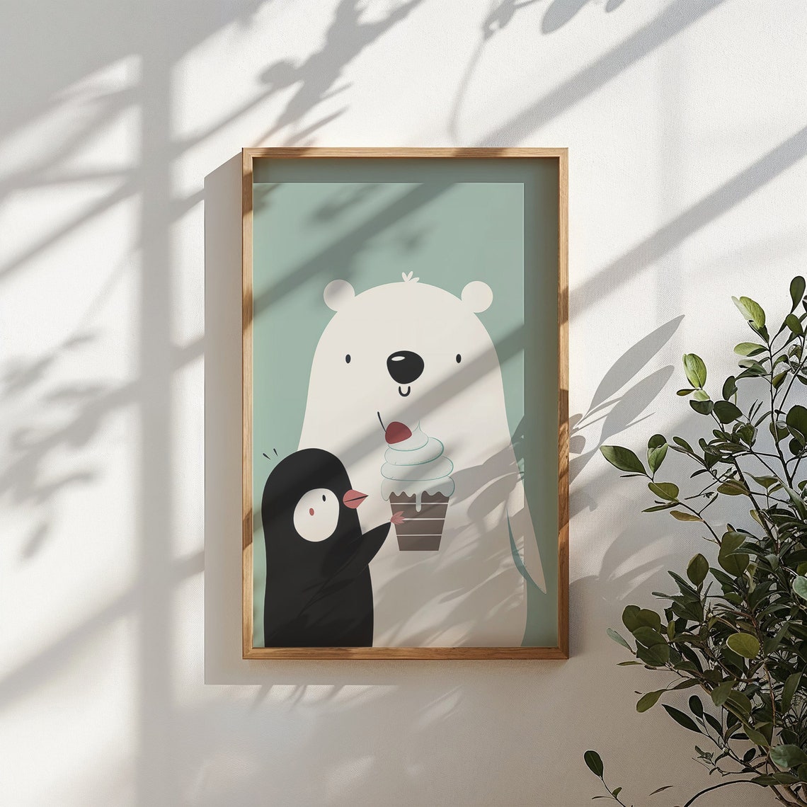 Polar Bear Penguin Sharing Ice Cream Mint Background Kids Poster - Image 2