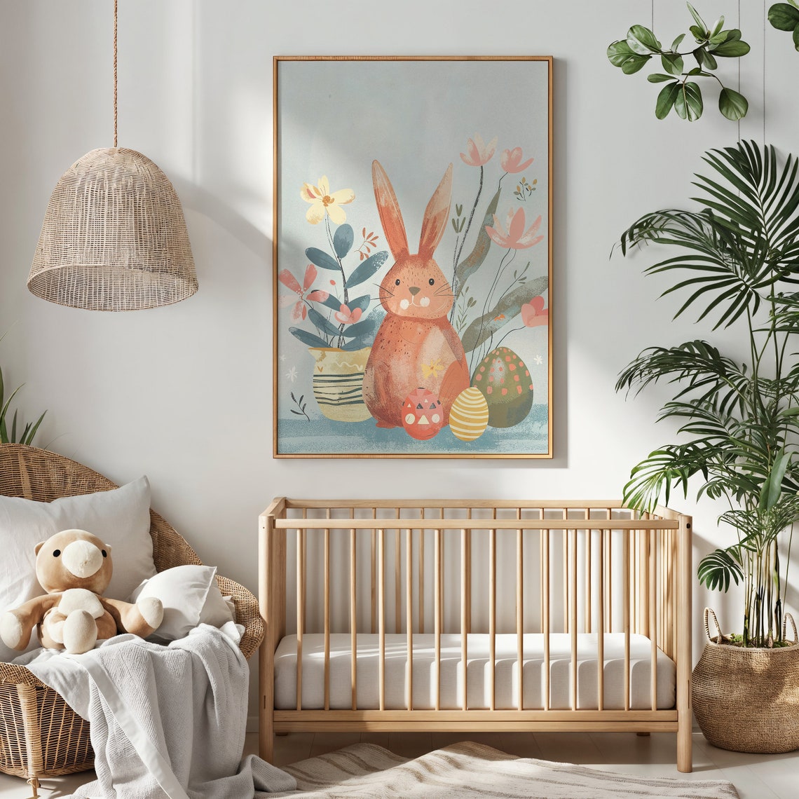 Orange Bunny With Easter Eggs And Flowers Pastel Spring Art Print - Image 2