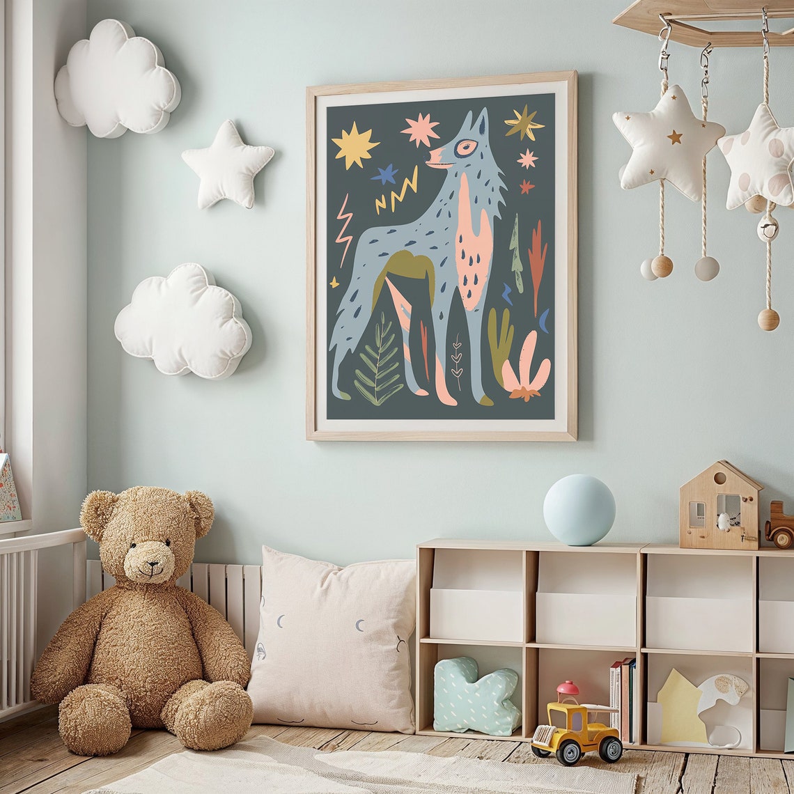 Celestial Gray Wolf Starry Night Folk Art Animal Wall Poster - Image 2