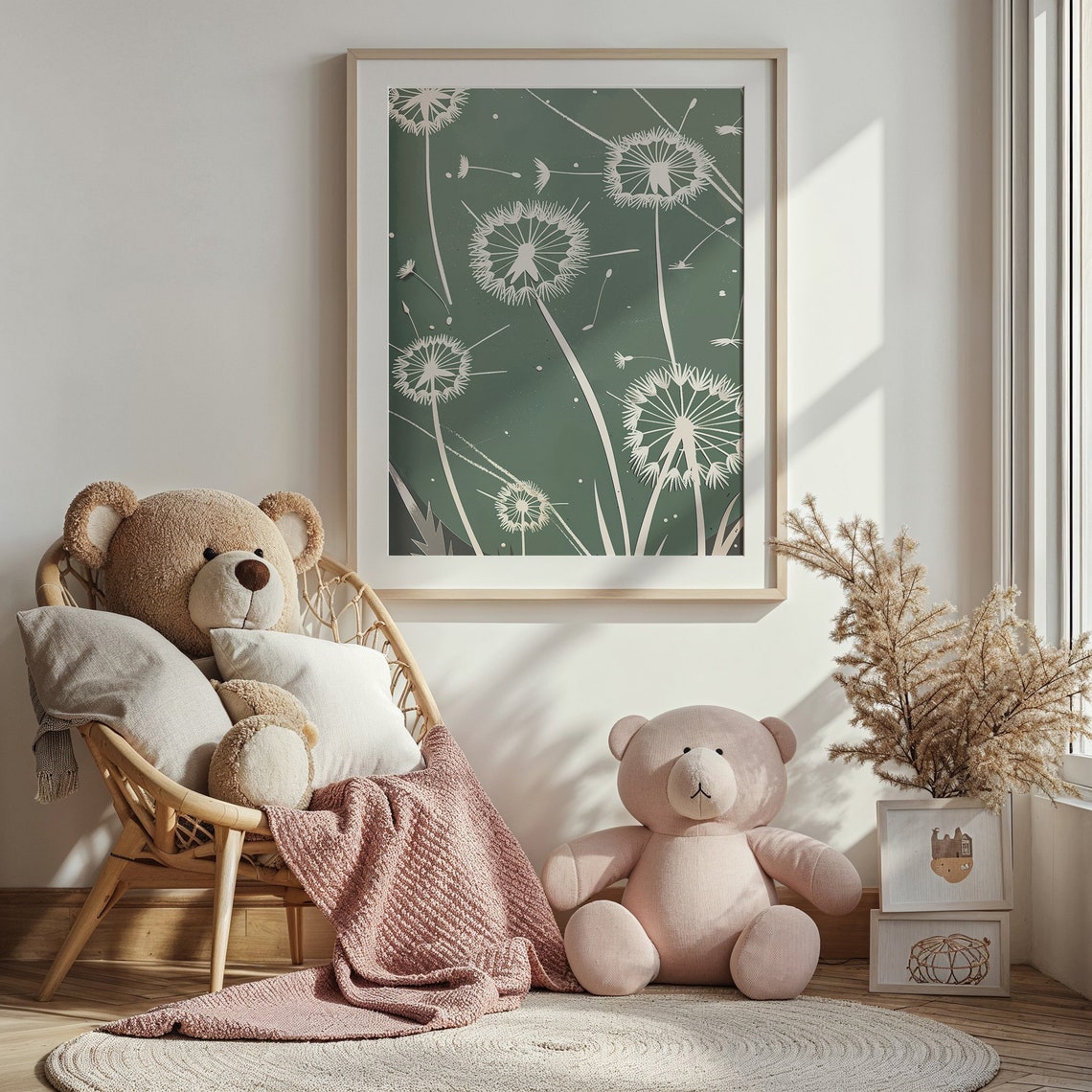 White Dandelion Silhouette Sage Green Botanical Wall Art Poster - Image 4