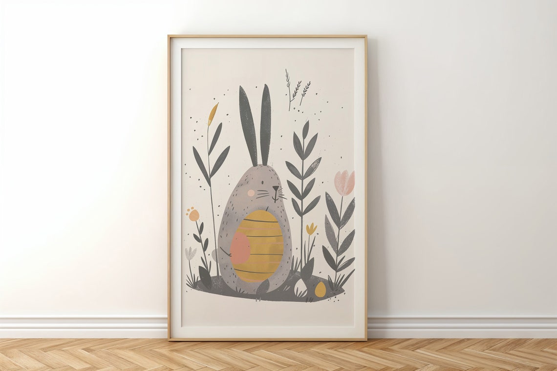 Gray Bunny Hugging Big Easter Egg Scandinavian Kids Room Poster