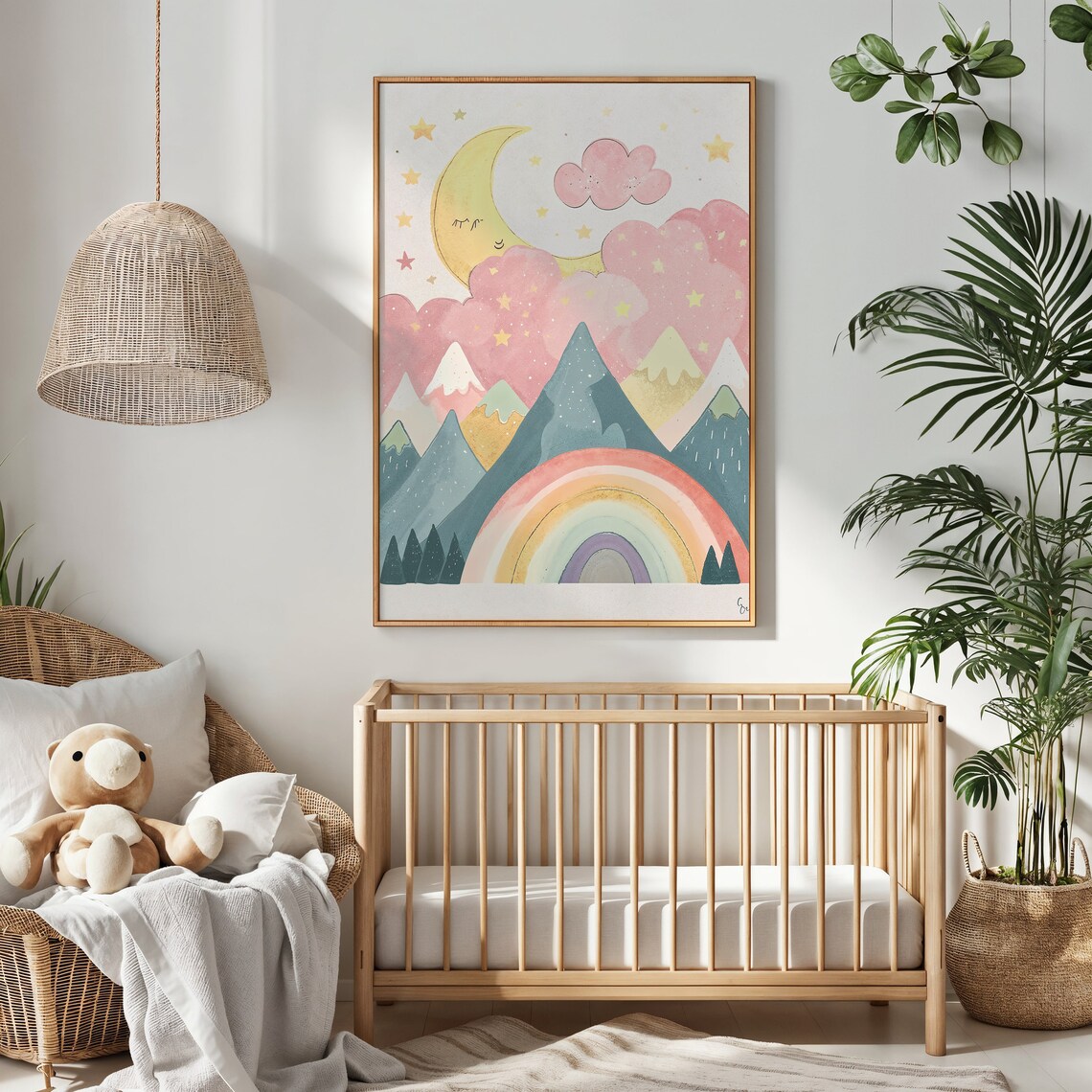 Dreamy Moon Rainbow Mountains Stars Watercolor Nursery Kids Poster - Image 3