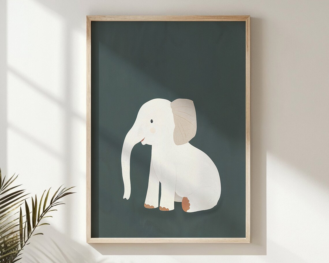 Baby Elephant Cream Illustration On Forest Green Nursery Safari Poster - Image 6