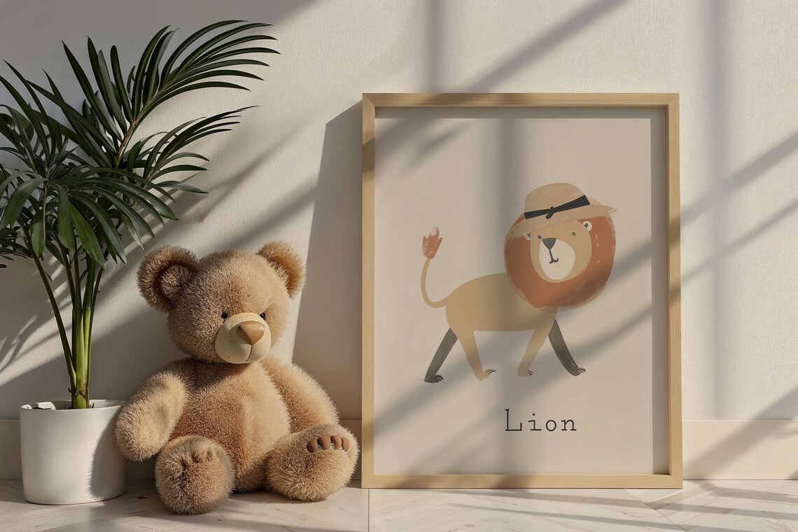 Lion Wearing Safari Hat Gray Background Kids Nursery Bedroom Art Poster - Image 6