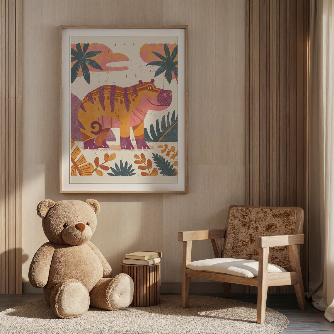Colorful Patterned Hippo Among Tropical Plants Kids Room Poster - Image 6