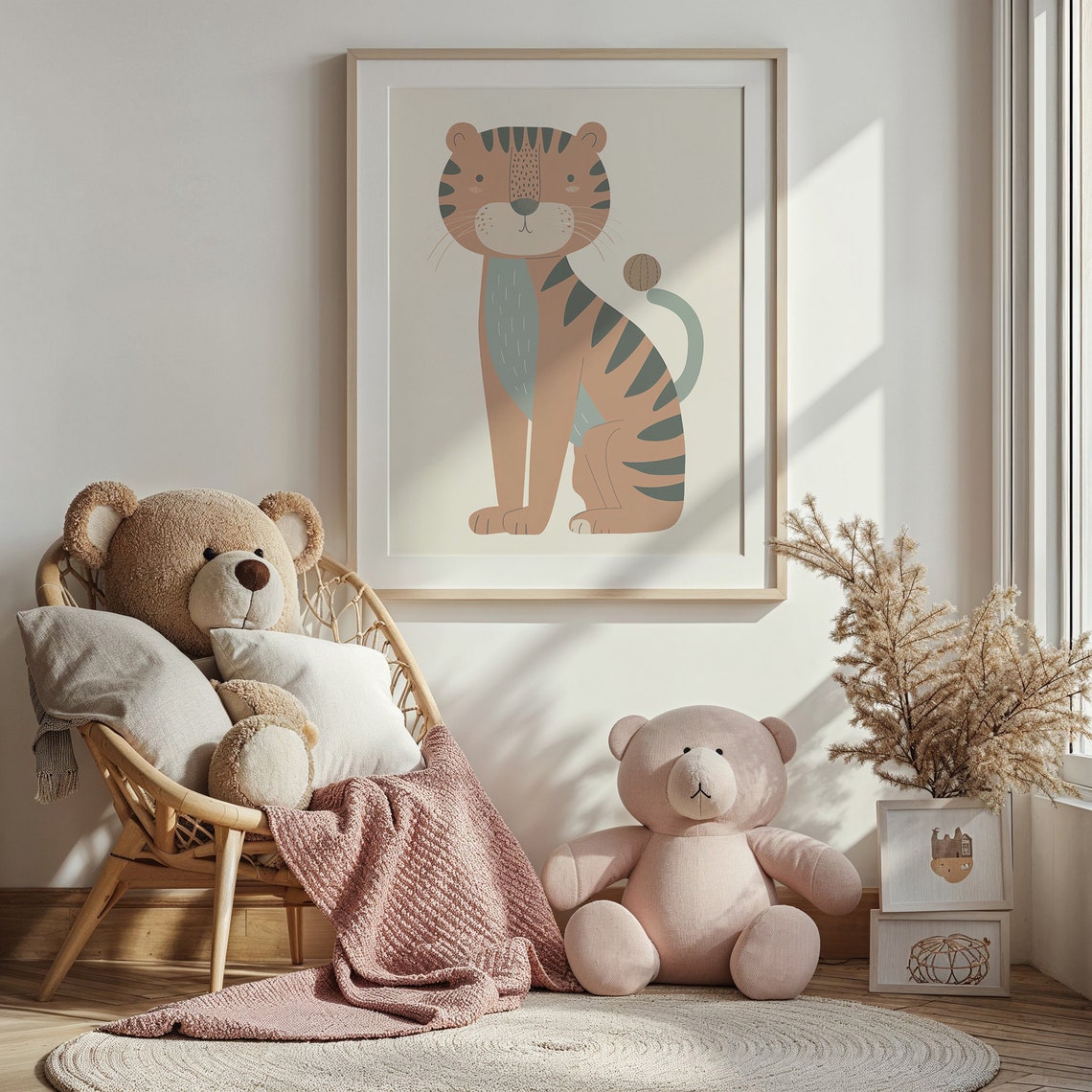 Cute Sitting Tiger Cub Sage Green Stripes Neutral Kids Wall Art Poster - Image 4