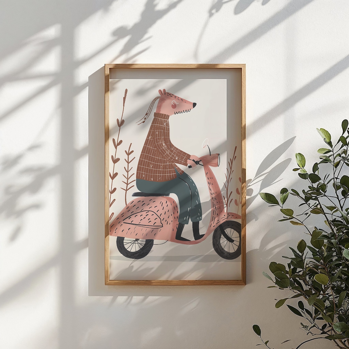 Whimsical Animal Riding Pink Scooter Nursery Poster Playful Kids Art - Image 4