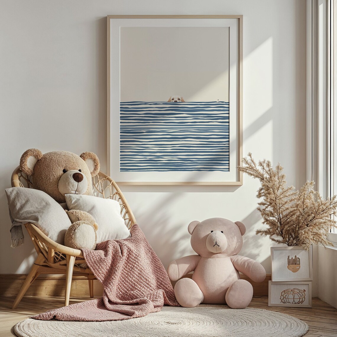 Peeking Puppy, Navy Stripes Nursery Art Print - Image 4
