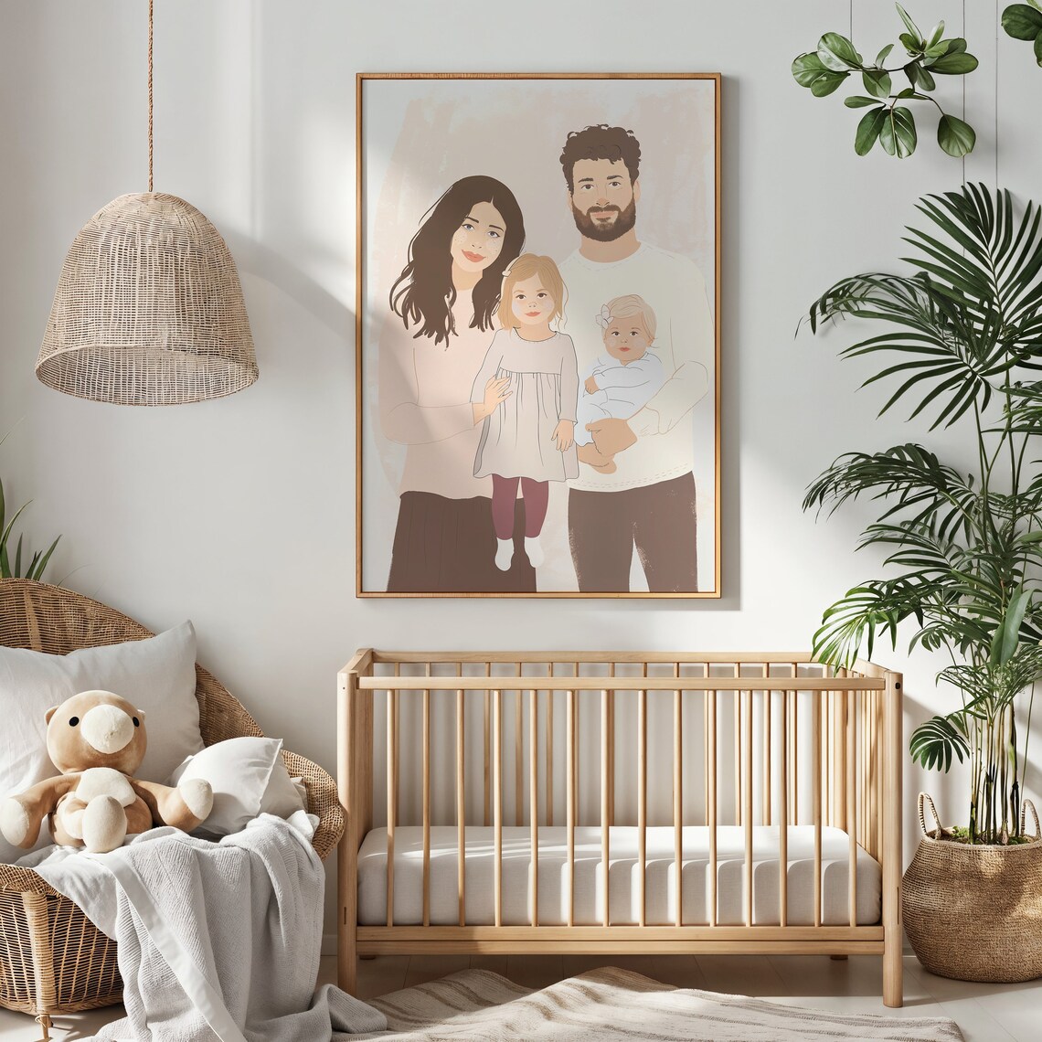 Family Of Four Minimalist Portrait Mom Dad Baby Daughter Neutral Print - Image 2
