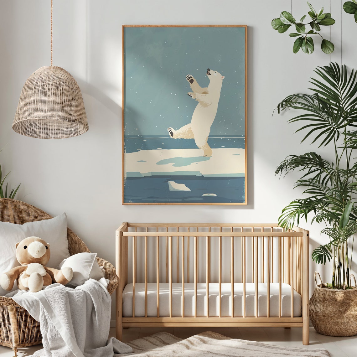 Happy Polar Bear Dancing Ice Floe Night Snow Arctic Wall Poster - Image 3