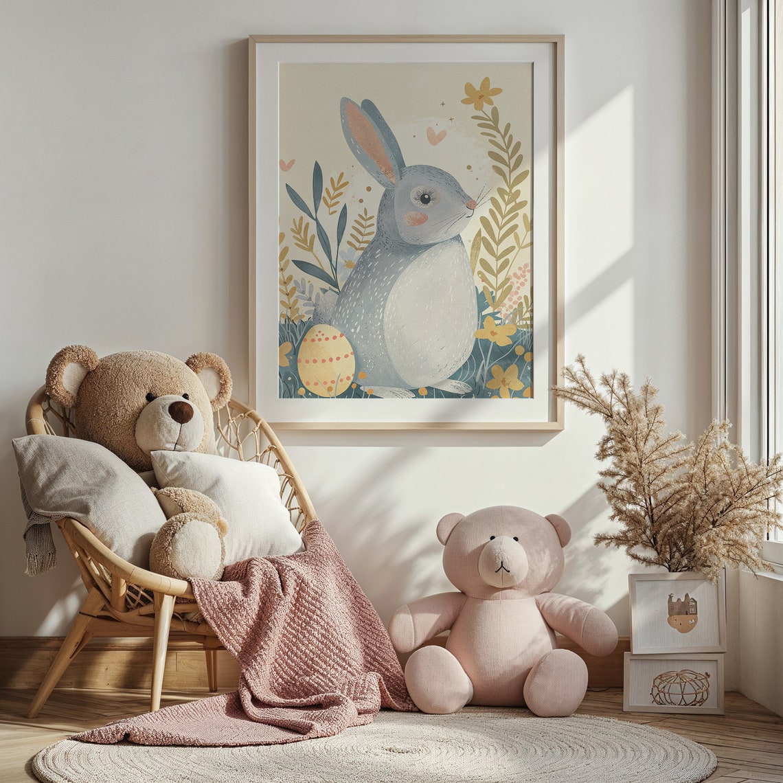 Cute Blue Bunny With Dotted Easter Egg Yellow Flowers Kids Art Print - Image 3