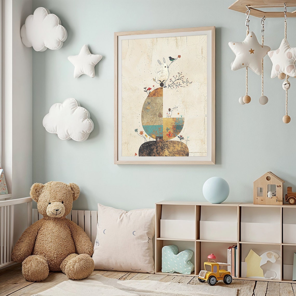 Abstract Bunny And Bird Minimalist Neutral Modern Nursery Wall Art - Image 2